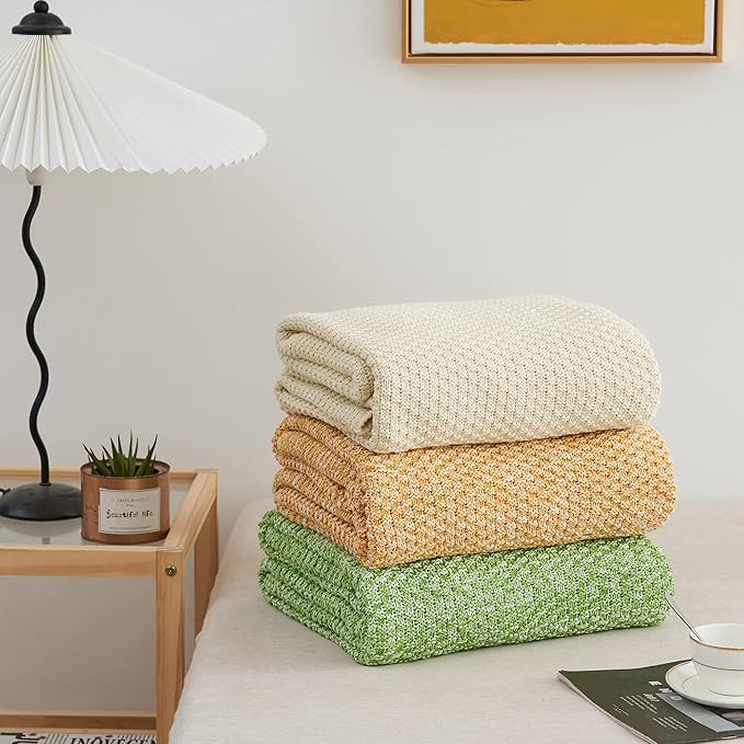 Longhui bedding Cream Knitted Throw Blanket for Couch, Soft, Cozy Machine Washable 100% Cotton Sofa Knit Blankets, Heavy 3.0lb Weight, 51 x 63 Inches, Beige Color