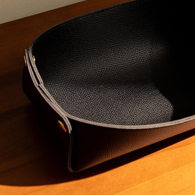 Faux Leather Valet Tray Organizer for Men,Entryway Table Storage Box for Watch Key Phone Dresser EDC Dump Jewelry, Bedside Nightstand Desk-top Catchall Tray,Black
