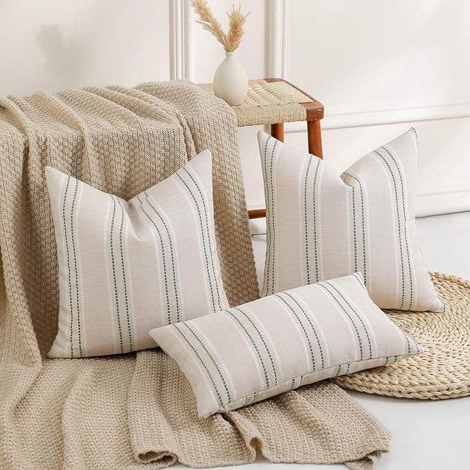 Hckot Spring Throw Pillow Covers 20x20 Set of 2 Green Striped Pillow Covers Decorative Pillows Square Cushion Covers for Sofa Couch Bed Living Room Farmhouse Decor,Sage Green