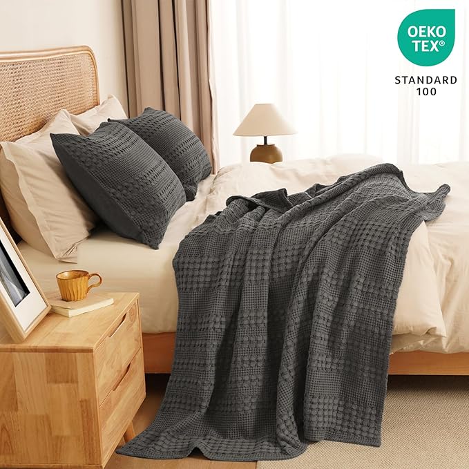 PHF 100% Cotton Waffle Weave Throw Blanket, Soft Lightweight Breathable Cozy Throws for Couch Bed Sofa, Luxury Aesthetic Blanket Gift for Home Decor & Office, 50"x60", Charcoal Grey