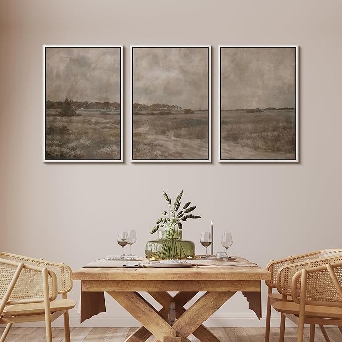 MUDECOR Framed Wall Art Print Set Vintage Neutral Countryside Landscape Rustic Field Path and Distant Trees Illustrations Modern Art Boho Decorative for Living Room, Bedroom, Office - 24"x36"x3 WHITE