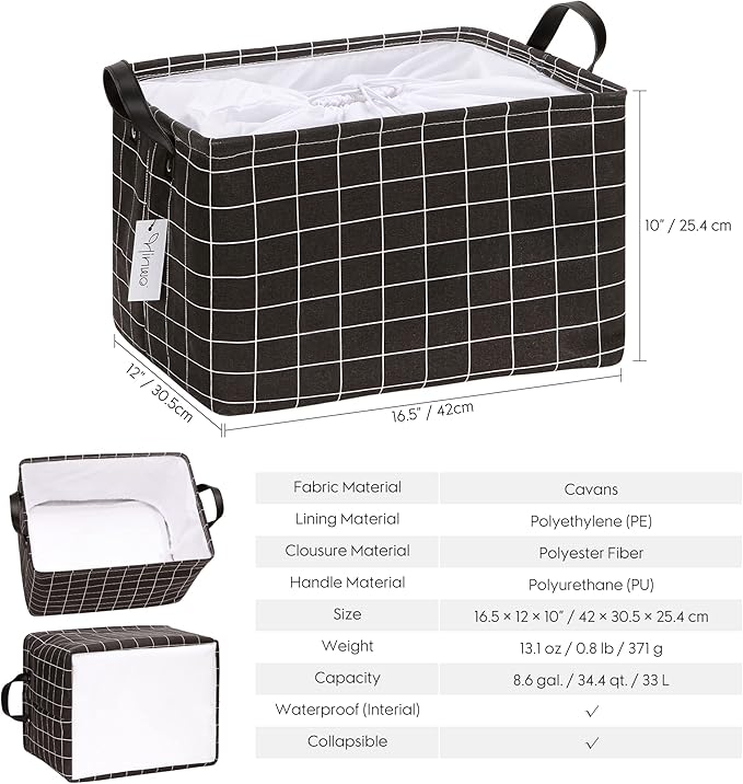 Hinwo 2-Pack Large Canvas Fabric Storage Basket with Handles, 33L/8.6-Gal Rectangle Bin, Collapsible Storage Box, Clothes, Toys, Blankets Organizer, 16.5 x 12 x 10 Inches (L, Black Grid)