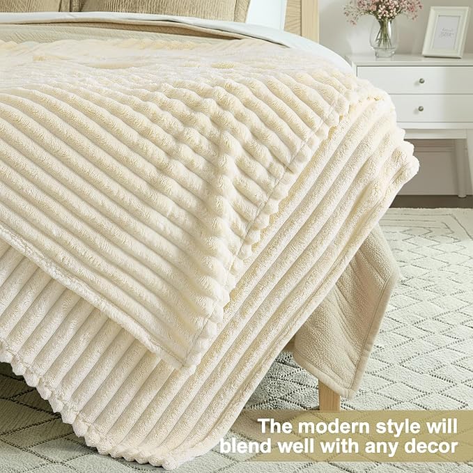 decorUhome Soft Fleece Beige Throw Blanket for Couch, Cozy Fluffy Plush Flannel Striped Blanket for Sofa Bed, Lightweight Decorative Ribbed Fuzzy Blanket for Woman, 50x60 Inches