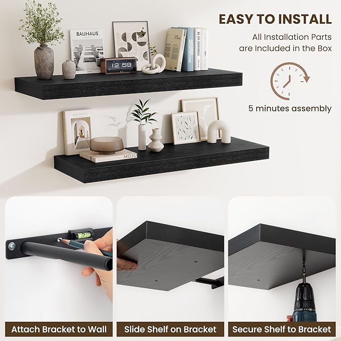 Fun Memories 32 x 12 Floating Shelves Wall-Mounted - Rustic Wood Shelf - 12 Inch Deep Floating Shelves for Wall - Large Storage Shelf for Bathroom - Kitchen & Bedroom - Black - Set of 2