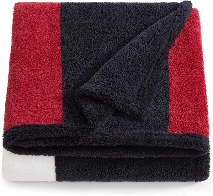 Tommy Hilfiger - Blanket, Ultra-Soft Baby Sherpa Throw Blanket for Bed or Couch, Medium Weight Blanket with Tailored Hem for Year Round Comfort (Iconic Flag Blue, 50" x 70")