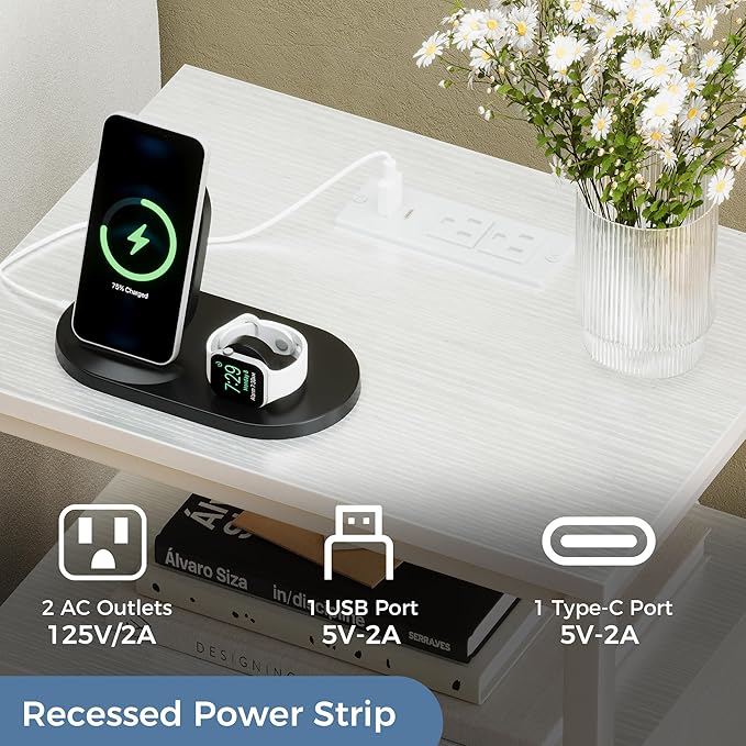 DUMOS Nightstand with Charging Station Built in USB Ports and AC Outlets Bedside Table with Adjustable Fabric Drawer and Open Shelf Modern End Table for Bedroom,White