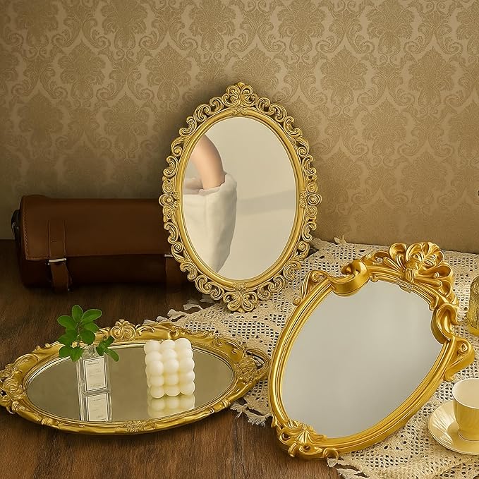 3 Styles Vintage Mirrors Set Decorative Oval Wall Mirror Small Antique Mirrored Tray Decorative Retro Hanging Mirror for Bathroom Bedroom Jewelry Organizer Victorian Decor(Gold)