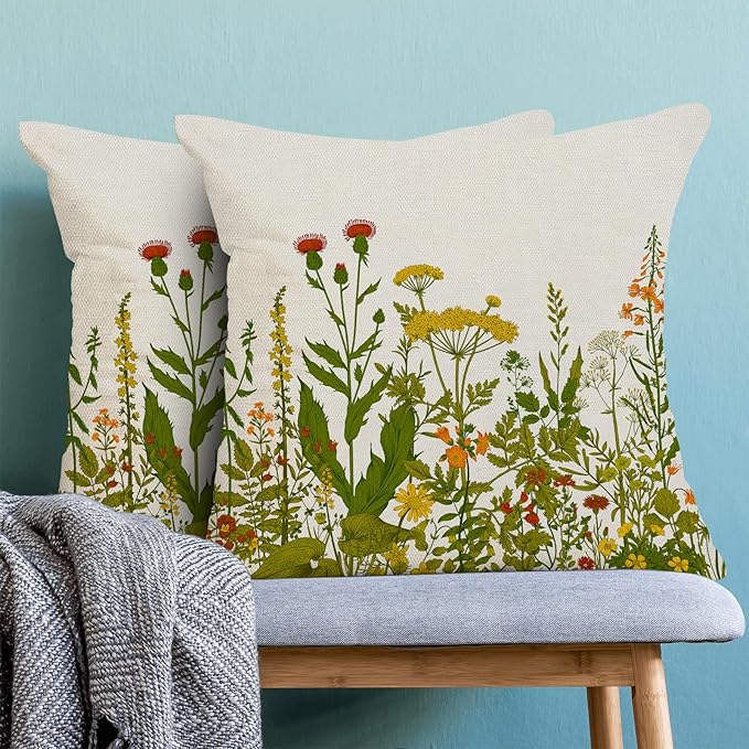 AEIOAE Yellow and Green Pillow Covers 20x20 Inch Set of 2, Spring Wildflower Plant Throw Pillows Case,Seasonal Floral Outdoor Decorative Flowers Farmhouse Decor Cushion Covers for Home Sofa Bed Couch
