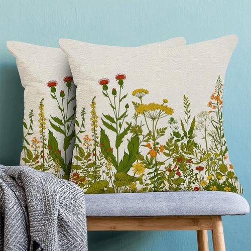 AEIOAE Yellow and Green Pillow Covers 20x20 Inch Set of 2, Spring Wildflower Plant Throw Pillows Case,Seasonal Floral Outdoor Decorative Flowers Farmhouse Decor Cushion Covers for Home Sofa Bed Couch