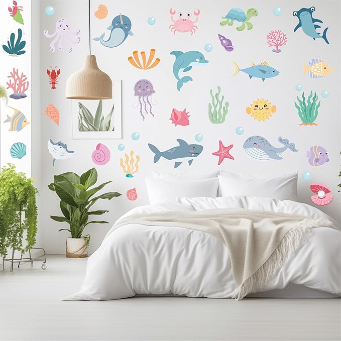 Ocean Animals Wall Decals - 5 Sheets 58 Pcs Under The Sea Theme Wall Decor Peel and Stick Ocean Wall Stickers for Home Kids Room Nursery Décor