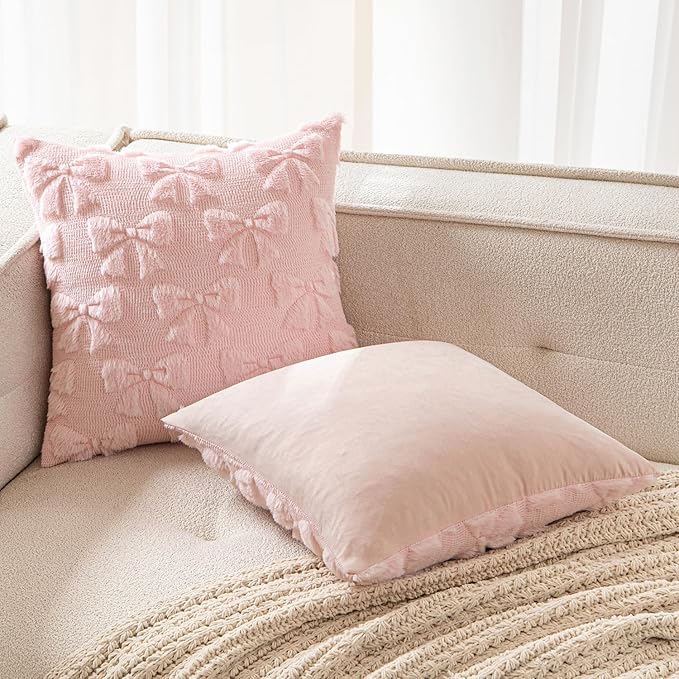 MIULEE Light Pink Bow Pillow Covers Coquette Room Decor Aesthetic Set of 2 Spring Decorative Cute Girl Soft Plush Faux Pillowcase for Preppy Room Decor Bedroom Couch,16x16 Inch