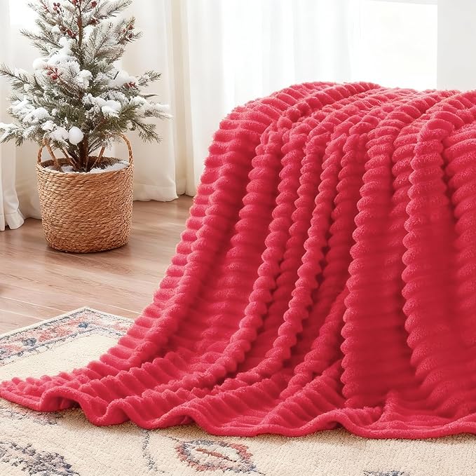 Nookly Red Twin Size Fleece Christmas Blanket, Soft Lightweight Ribbed Plush Bed Blanket, Cozy All-Season Striped Fleece Twin Throw for Bedroom and Home, 60x80 Inches