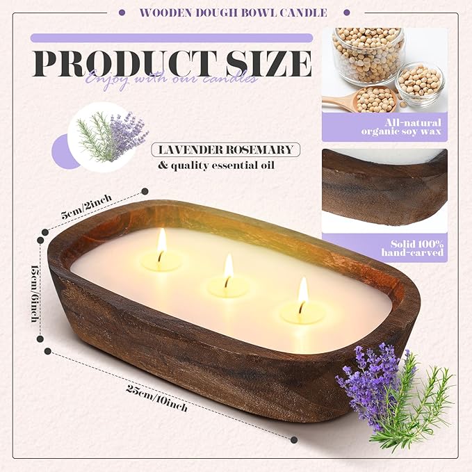 Threlaco 1 Pack 10 Inch Wood Dough Bowl Candles Home Rustic Dough Bowl Soy Candle 3 Wick Scented Candles Gifts for Men Women Farmhouse Table Centerpiece Home Decor for Christmas(Lavender)