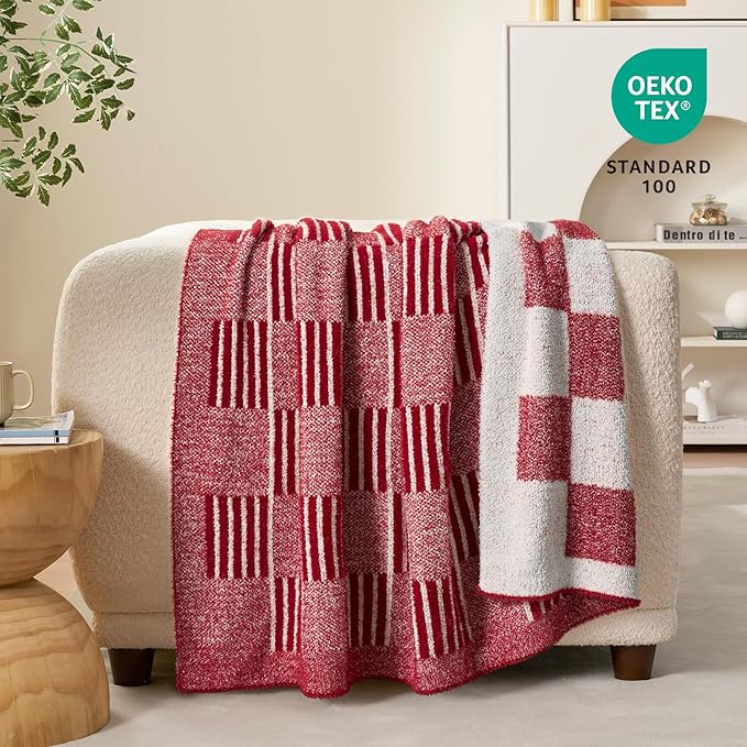 Snuggle Sac Red Checkered Christmas Blanket,Super Soft Reversible Twin Size Cozy Warm Throw Blanket for Couch Sofa Bedroom,Cute Lightweight Striped Blankets for Women,Heather Red,60x80 inches