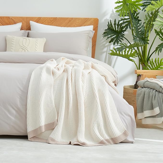 Amélie Home Waffle Blanket Queen Size for Bed, Soft Cozy Chenille Knit Blanket Warm Decorative for Bedroom, 90"x90", Ivory