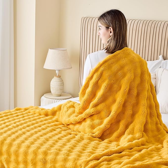 NEWCOSPLAY Throw Blanket for Couch Mustard Yellow Super Soft Flannel Fleece 3D Bubble Lightweight Bed Blanket All Season Use (Mustard Yellow, Throw(50"x60"))