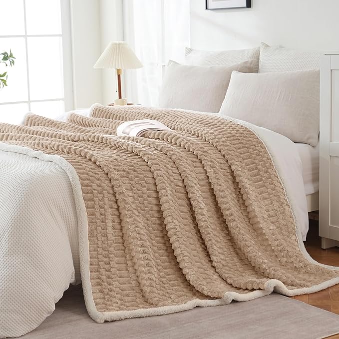 Sherpa Throw Blanket for Couch Flannel Cozy Soft Thick Blanket Warm Twin Blanket for Bed Fleece Home Decor Gifts, Z01 - Beige, 80"*90"