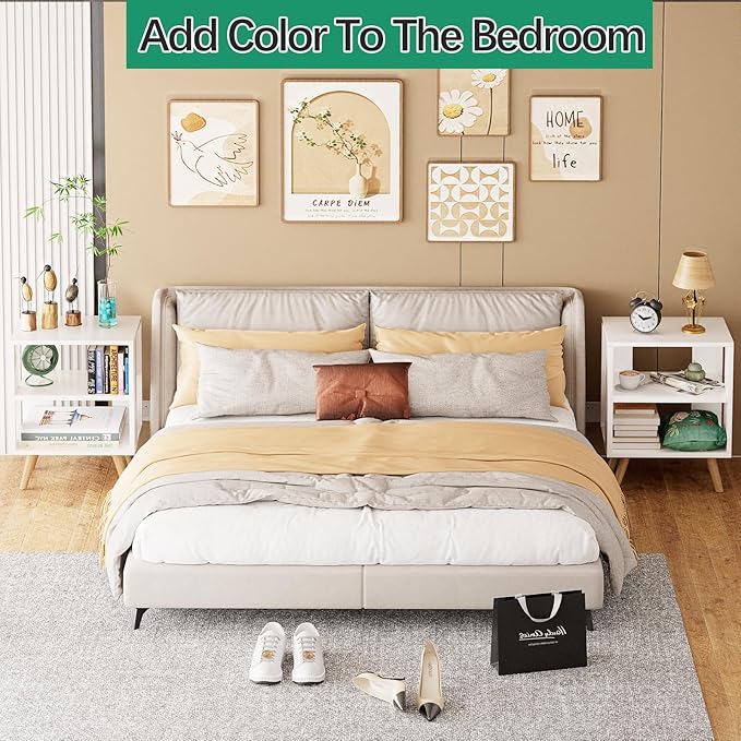 Night Stand, White Nightstand, Modern End Table with Open Storage, 2-Tier Bedside Table for Small Space, Living Room, Bedroom