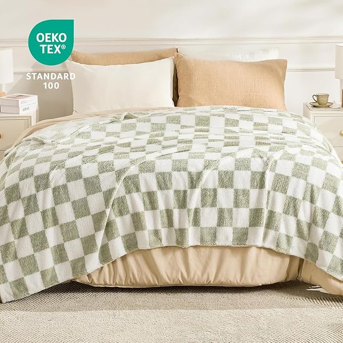 EMME Checkered Knit Blanket Soft Fluffy Patterned Throw Blankets for Couch, Sofa, Chair, Bed, Camping, Picnic, Travel Sage Green 50"x60"
