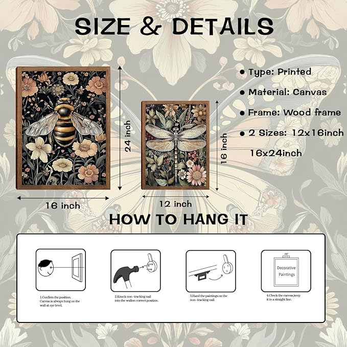 Retro Insect Wall Art Set of 3, Butterfly Bee Dragonfly Gothic Botanical Prints, Rustic Nature Animal Canvas Wall Decor for Living Room Bedroom Office Farmhouse Home Decor 24x16In Wood Framed