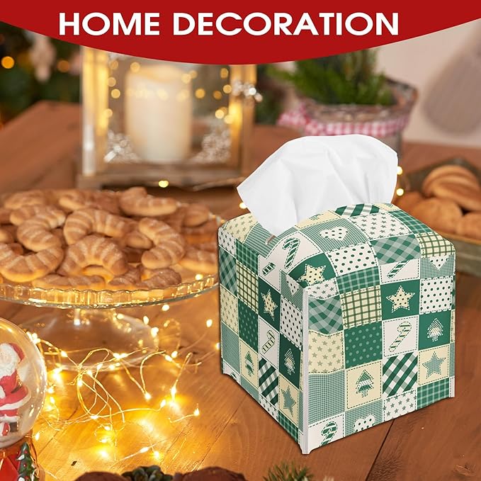 Christmas Patchwork Print Design Tissue Box Cover Holder, Green Waterproof Tissue Box Cover Square, Xmas Gift Ideas for Family Friends, Bathroom Kitchen Car Office Home Decor(5.2 Inches)-B20