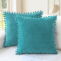 CaliTime Throw Pillow Covers Decorative 18 X 18 Inches Pack of 2 Cozy Solid Dyed Soft Chenille Cushion Cases with Pom Poms for Couch Sofa Bed Living Room Home Lake Blue