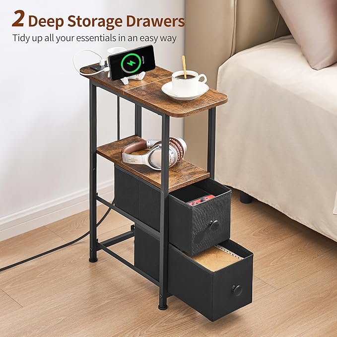 Narrow End Table with Charging Station, Narrow Side Table with Drawer, Small Nightstand with LED Light, Skinny Nightstand, Small Bedside Table for Living Room, Bedroom, Couch, Rustic Brown
