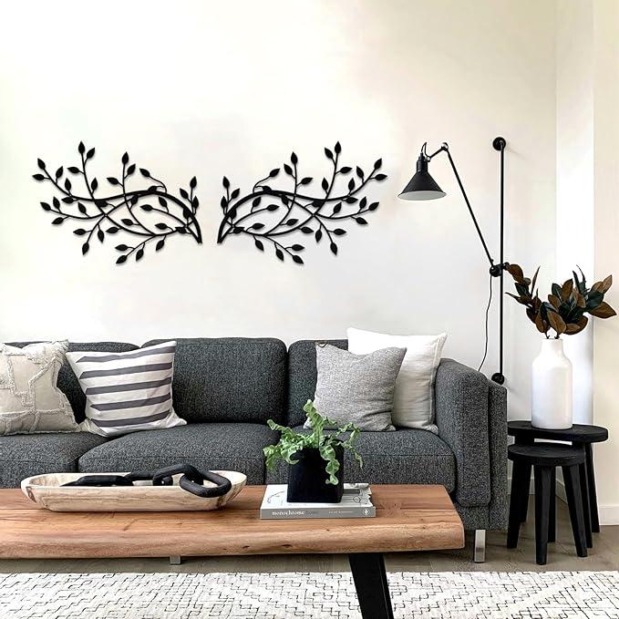 Meltset Metal Tree Leaf Wall Decor, Vine Olive Leaf Branch Wall Art, Black Metal Art, Wrought Iron Scroll Wall Decor, Decorative Wall Sculpture Above Bed, Living Room,Bathroom,Indoor Outdoor(L/Black)