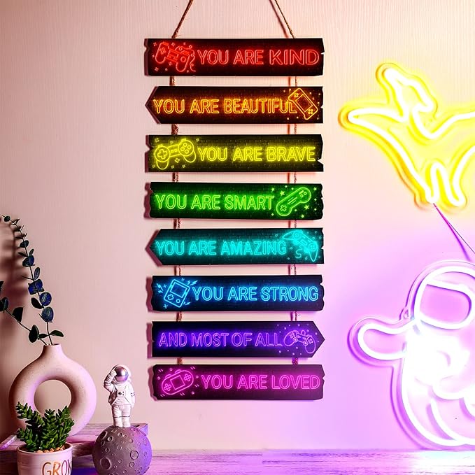Inspirational Girl Room Decor Aesthetic Art Wall Hanging Sign Inspiring Colorful Rainbow Wooden Decoration for Kids Teens Toddler Boy Baby Bedroom Nursery Dorm Decor, 6-12 Years old (Game)