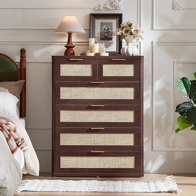 LEYAOYAO Rattan Dresser for Bedroom Set of 2, 41" Tall Chest of Drawers, Modern 6 Drawers Boho Dressers with Storage, Vintage Brown Dresser Wooden Closet Organizer for Living Room, Hallway