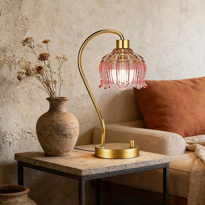 Pink Table Lamp Set of 2,Small Gold Bedside Lamps Dimmable Boho Bedroom Lamp with Tulip Flower Glass Lamp Shade,Vintage Mid Century Modern Mini Nightstand Lamp for Bedroom Living Room