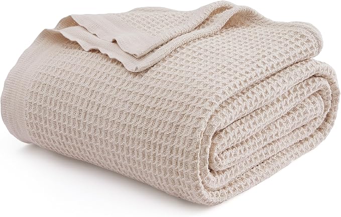 Bedsure Gentlesoft 100% Cotton Blanket Twin XL Size for College Dorm - Breathable and Soft for Spring Summer, Waffle Weave Twin Blanket for Bed, Dorm Room Essentials, Begie, 66x90 inches