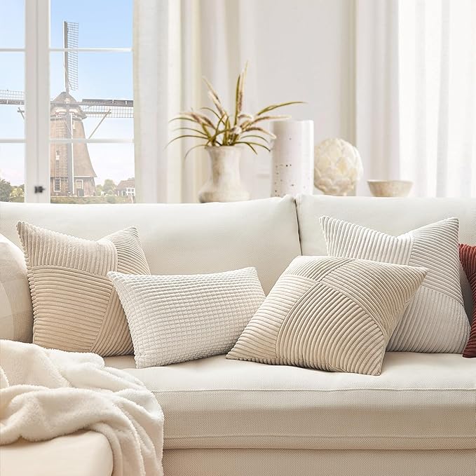 Topfinel Tan Decorative Throw Pillow Covers 18x18 Set of 2 Windmill Textured Striped Patchwork Pillow Covers Soft Corduroy Square Beige Cushion Cases for Couch Sofa Bed Boho Home Decor