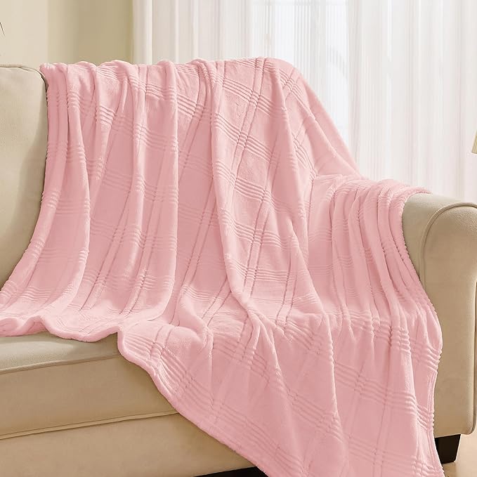 Super Soft Flannel Throw Blanket 50x60 Inches, Premium Checkered Jacquaed Silky Fleece Lightweight Bed Blanket All Season Use, Light Pink-1 Strip, 50"x60"