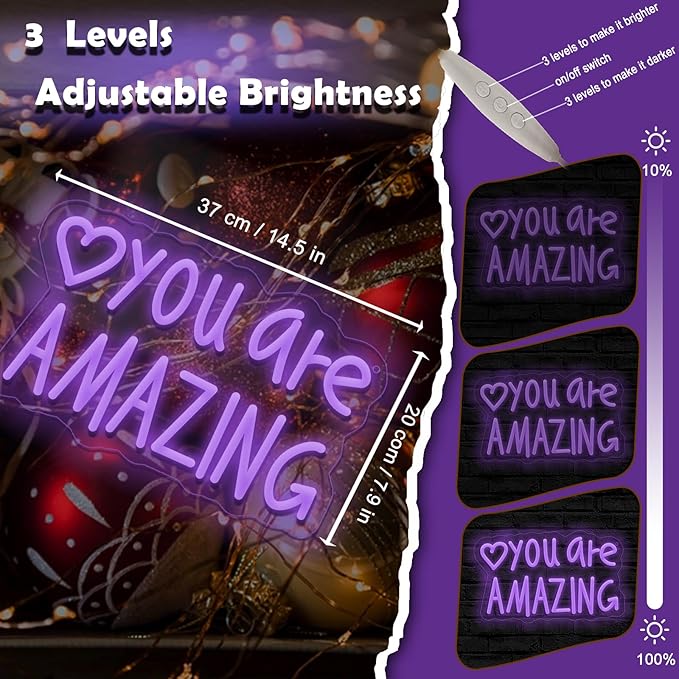 You Are Amazing Neon Sign Wall Decor for Bedroom Class Room Bar Pub Club Nursery Hanging,Dimmable USB Pink Led Light for Wedding Birthday Party Women Christmas Gifts