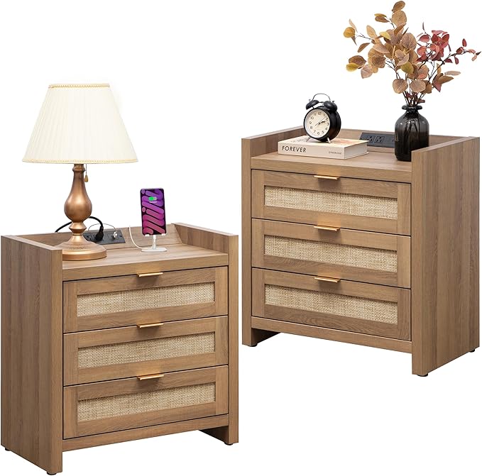 SICOTAS Rattan Night Stand Set of 2 - Tall Nightstands with Type-C Charging Station, 3 Rattan Storage Drawers, Larger Nightstand Boho Bedside Table End Table for Bedroom Sofa Couch Office - Oak