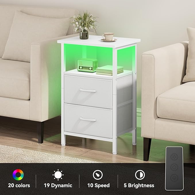 Vagusicc Nightstand Set of 2 with Charging Station, Bed side tables bedroom set of 2 with LED Lights, White Night Stands with 2 Fabric Drawers, 24.2" Tall Bedside Tables with Storage Shelf for Bedroom