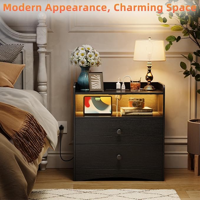 2 Pack Nightstand with Charging Station and LED Light, Modern Nightstand with USB Ports and Outlets, Wooden Bedside Table with 2 Storage Drawers, Small Dresser for Bedroom Small Space, Black