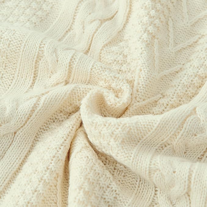 Longhui bedding Cream 50 x 63 Inches Acrylic Cable Knit Sherpa Throw Blanket - Thick, Soft, Big, Cozy Beige Knitted Fleece Blankets for Couch, Sofa, Bed - Large Coverlet All Season