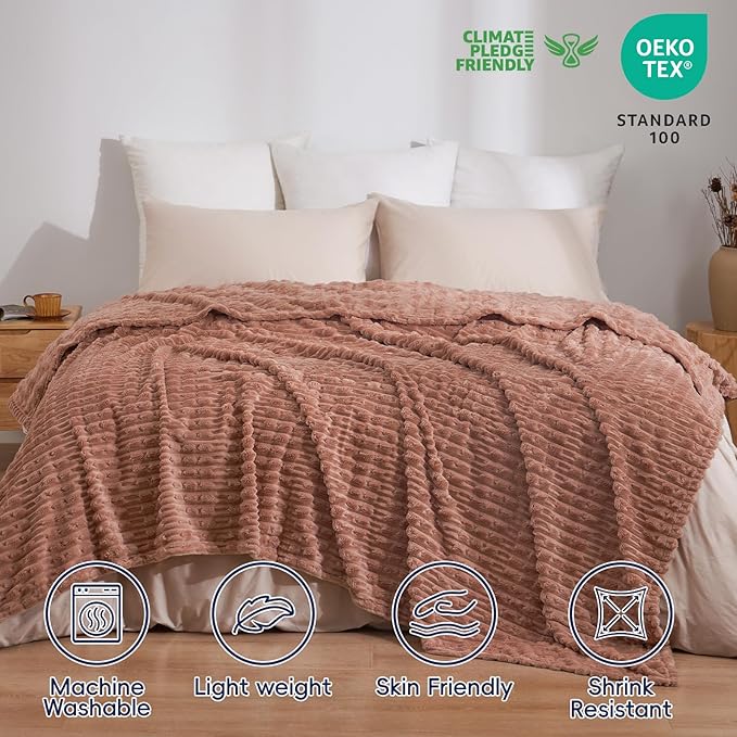 PHF Ultra Soft Flannel Fleece Blanket King Size, Lightweight 3D Jacquard Fleece Blanket, No Shedding, No Pilling, Luxury 340GSM Aesthetic Fluffy Cozy for Bed Room Decor, 108"x90", Mocha Mousse