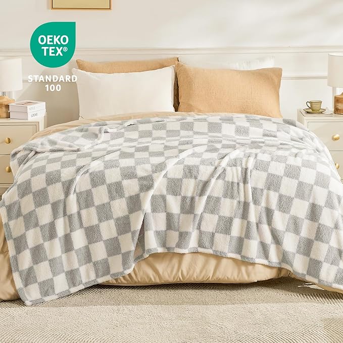 EMME Checkered Blanket Queen Size - 80"x90" Grey Knit Blanket Soft Fluffy Patterned Throw Blankets for Couch, Sofa, Chair, Bed, Camping, Picnic, Travel
