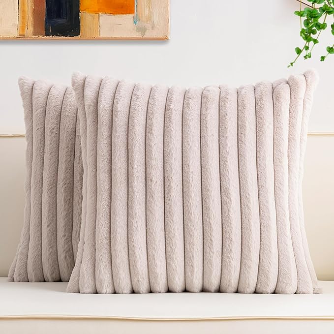 Aegero Pack of 2 Faux Fur Fall Throw Pillow Covers 16x16 Inch, Soft Plush Striped Neutral Couch Pillow Cover, with Velvet Back Modern Home Decor for Sofa Living Room Couch Bed Light Grey