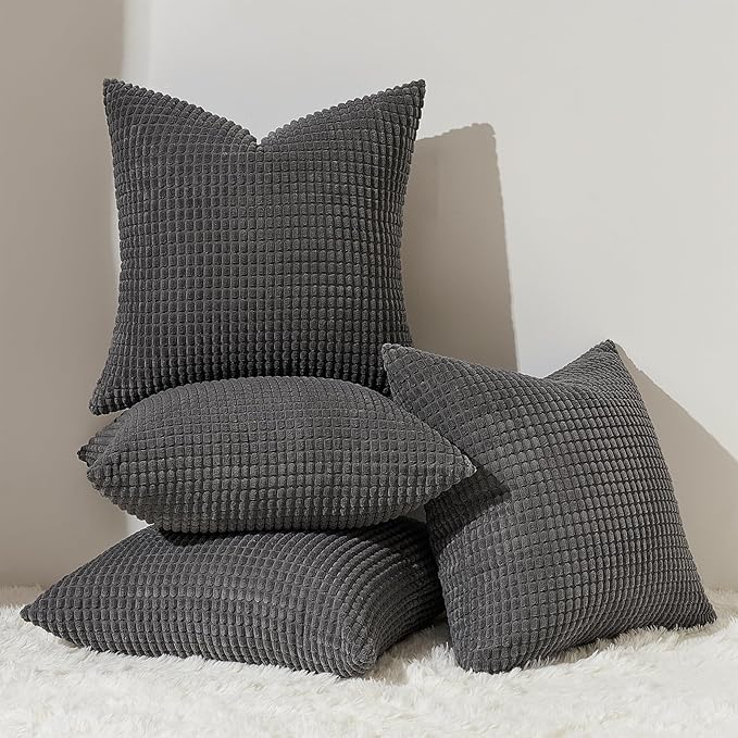 Topfinel 4 Packs Dark Grey Decorative Throw Pillow Covers 18x18 Inch for Living Room Couch Bed, Rustic Modern Farmhouse Home Decor, Soft Corduroy Bulge Cute Accent Square Cushion Case 45x45 cm