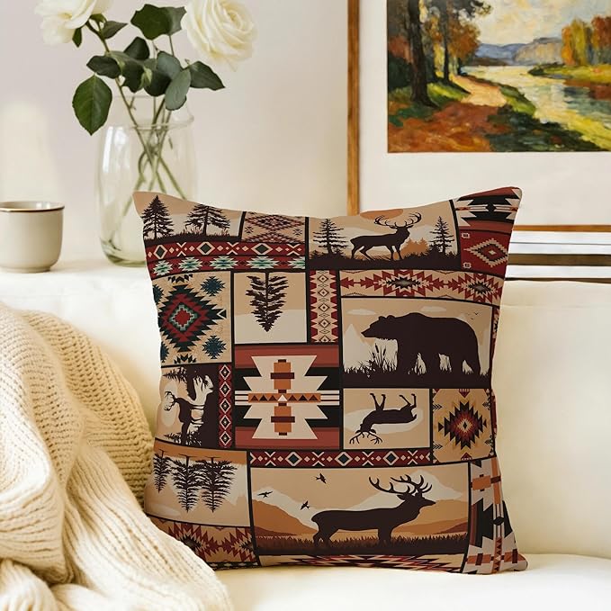 Rustic Wildlife Geometric Bear Throw Pillows Covers Set of 2 18x18 Inch, Retro Brown Bear Moose Decorative Throw Pillowcases, Vintage Pillowcovers for Sofa Living Room Couch Bedroom Cabin Spring Decor