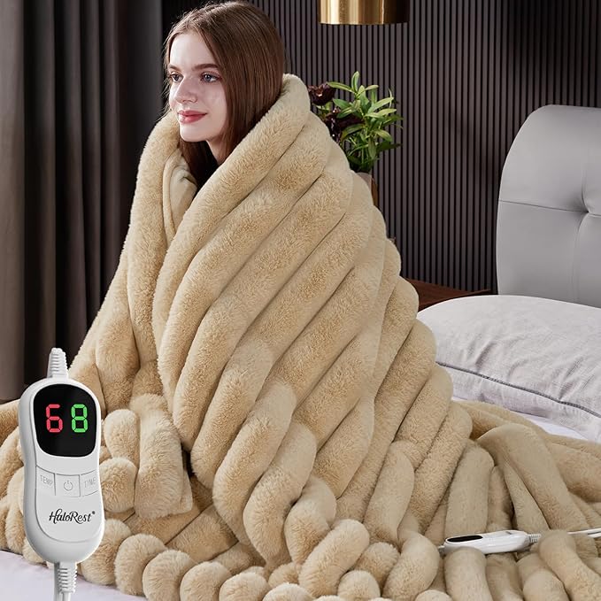 Heated Blanket Full Size, Faux Fur Cozy Heating Blanket with Overheat Protection, 1/2/4/6/8 Hours Auto-Off 10 Heat Level, Machine Washable (72x84 Inches, Beige)