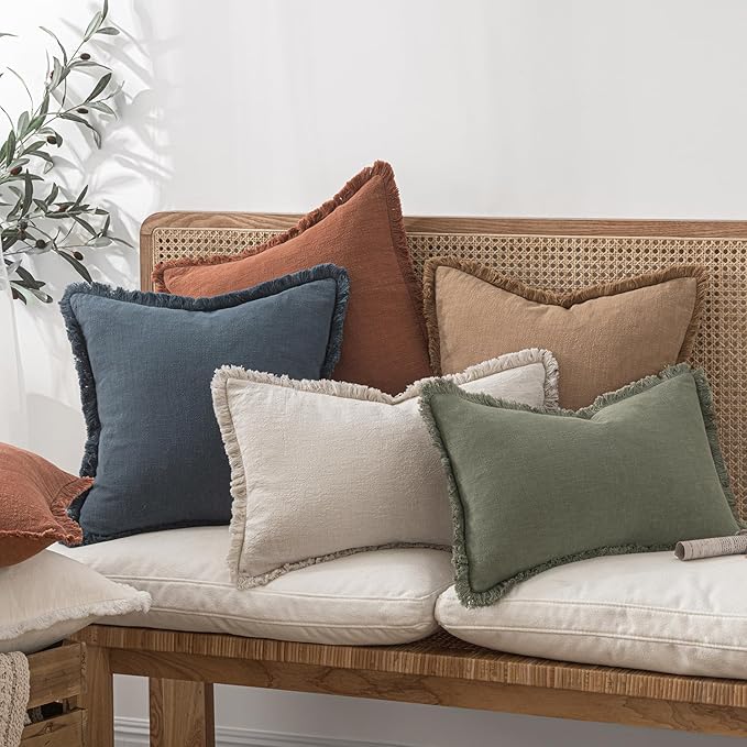 MIULEE Decorative Throw Pillow Covers Neutral Linen Fringe Throw Pillows Set of 2 Indigo Blue Boho Farmhouse Cushion Covers Coastal Decor for Couch Sofa Bed Living Room Spring Decor 24x24 Inch