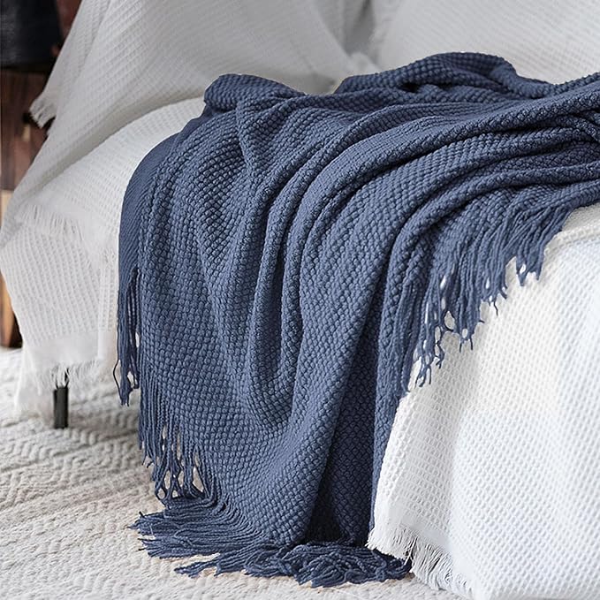 LOMAO Knitted Throw Blanket with Tassels Bubble Textured Lightweight Soft Throws for Couch Cover Home Decor (Navy, 50x60)