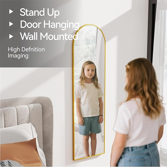 57x16 Door Hanging Full Length Mirror, Floor Stand (Height 5.7ft just Body in1.3ft) / Wall Mounted Metal Frame Arch Dressing Mirrors for Bedroom Living Room 57 inch Gold