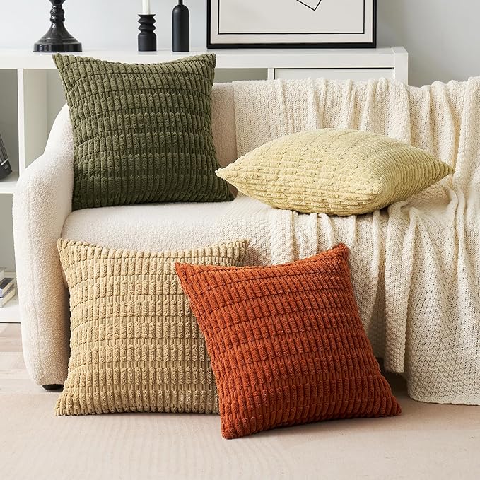 MIULEE Pack of 4 Spring Boho Farmhouse Corduroy Decorative Throw Pillow Covers 18x18 Inch for Sofa Living Room Couch Bed Modern Retro Soft Striped Pillow Covers Home Decor Brown Green