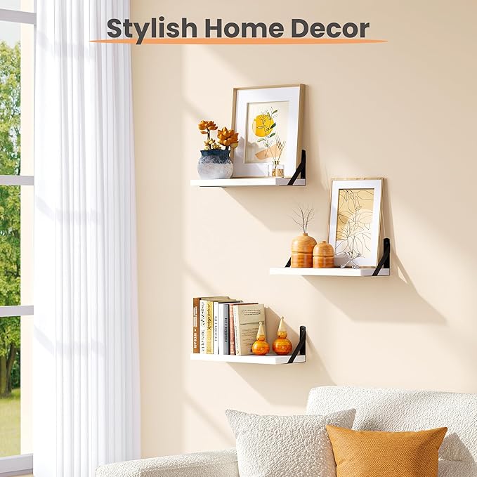 upsimples 15.7 Inches Floating Book Shelves for Wall, Wood Shelves for Living Room, Bathroom, Bedroom, Kitchen Storage and Decoration, White